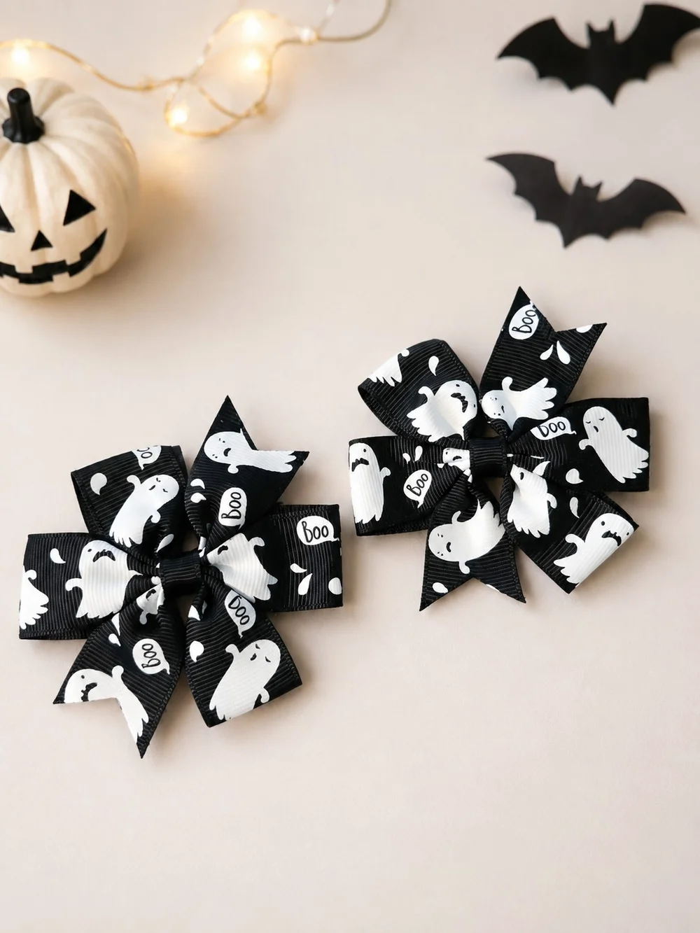 2 Pack Halloween Ghost Hair Bows Black White Boo Grosgrain Girls Hair Clips